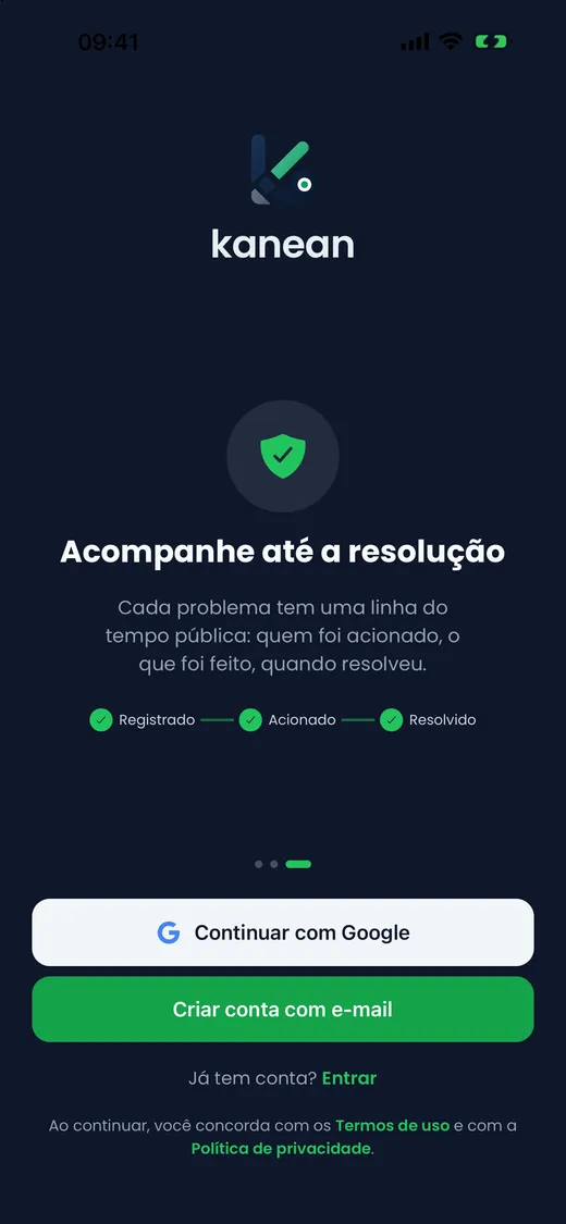 Tela de boas-vindas do app Kanean com a linha do tempo registrado, acionado e resolvido