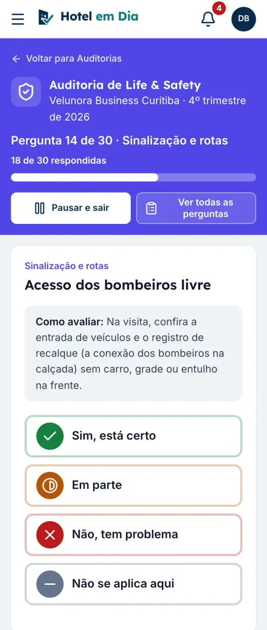 Auditoria no celular com uma pergunta por vez e as respostas sim, em parte, não e não se aplica