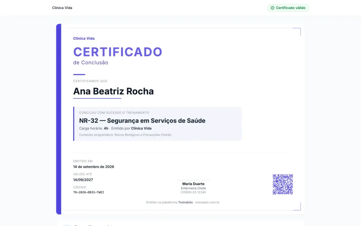 Página pública de verificação mostrando um certificado válido com QR Code, com dados fictícios