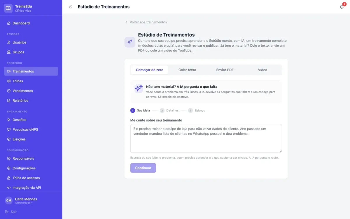 Estúdio de Treinamentos com as opções começar do zero, colar texto, enviar PDF ou vídeo