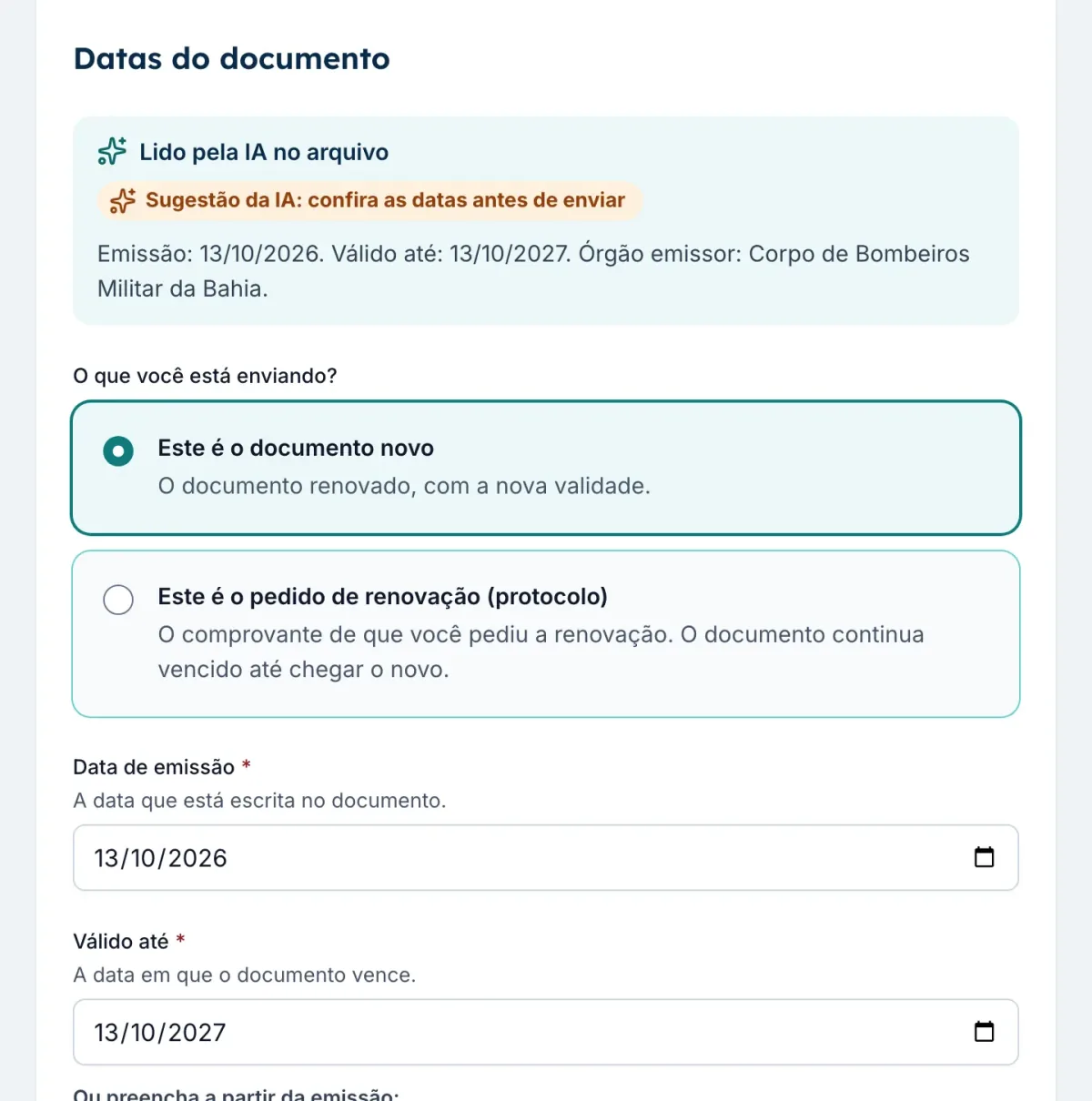 Datas de emissão e validade lidas pela IA no arquivo do documento, com aviso para conferir antes de enviar