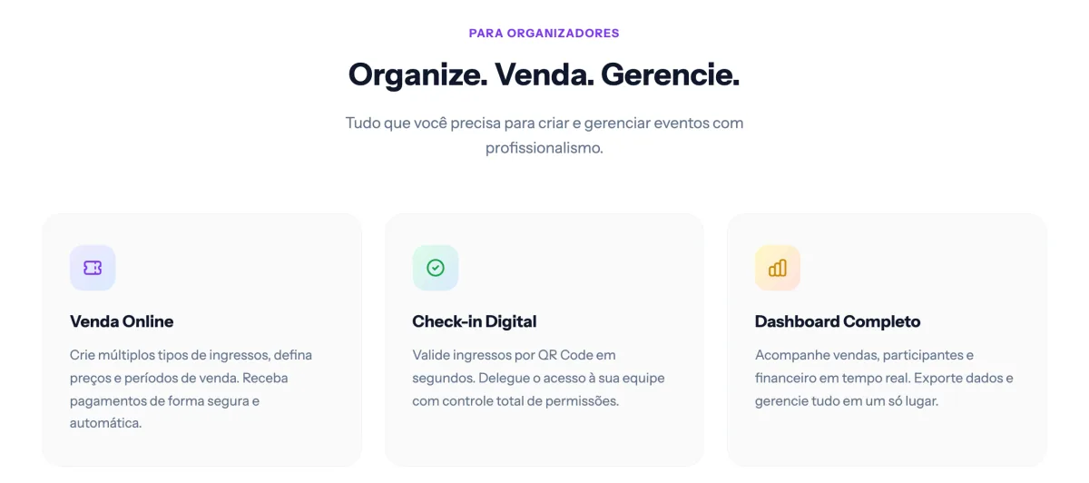 Seção para organizadores com os blocos venda online, check-in digital e dashboard completo