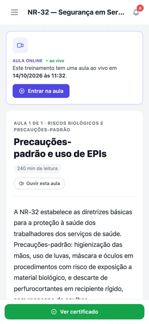 Aula da NR-32 aberta no celular, com botão para entrar na aula ao vivo