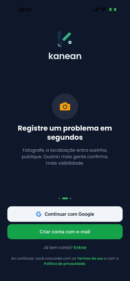 Tela de boas-vindas do app Kanean: registre um problema em segundos
