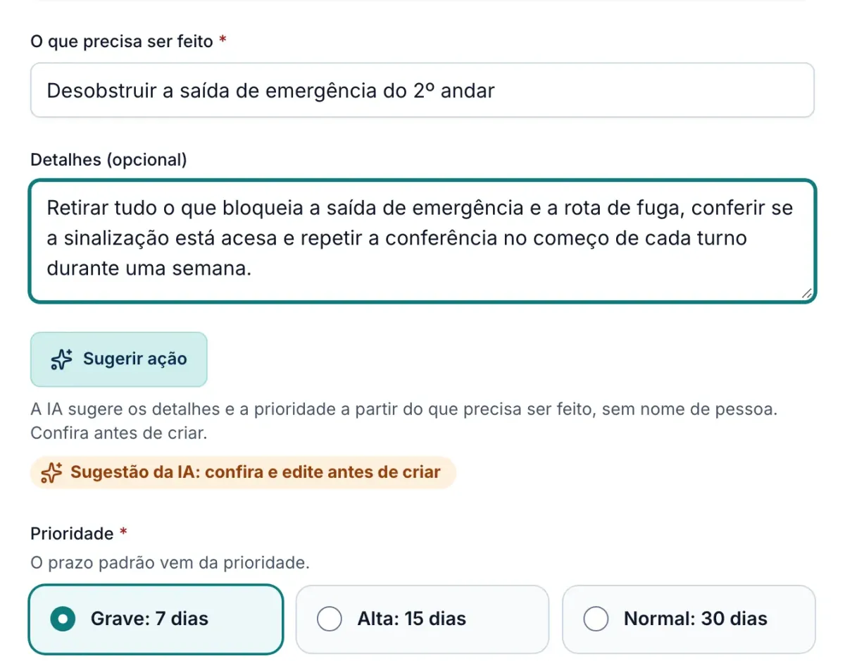 Tela de ação corretiva com sugestão de texto feita pela inteligência artificial